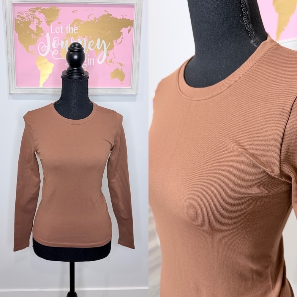 OQQ Brown Ribbed Long Sleeve Top